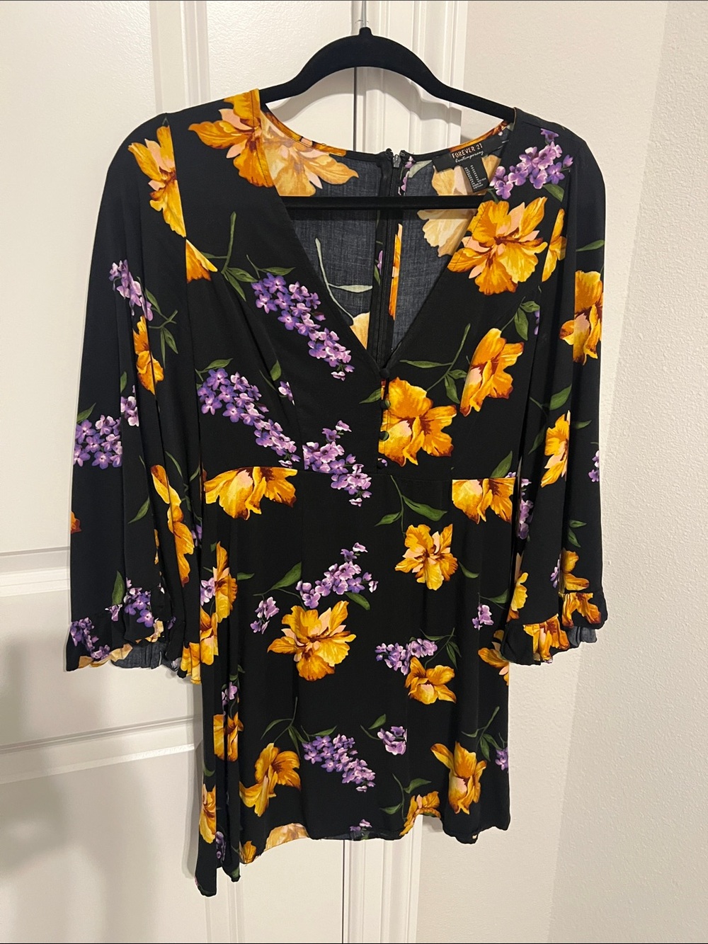 Forever 21 Black Floral Dress with Yellow & Purple Flowers